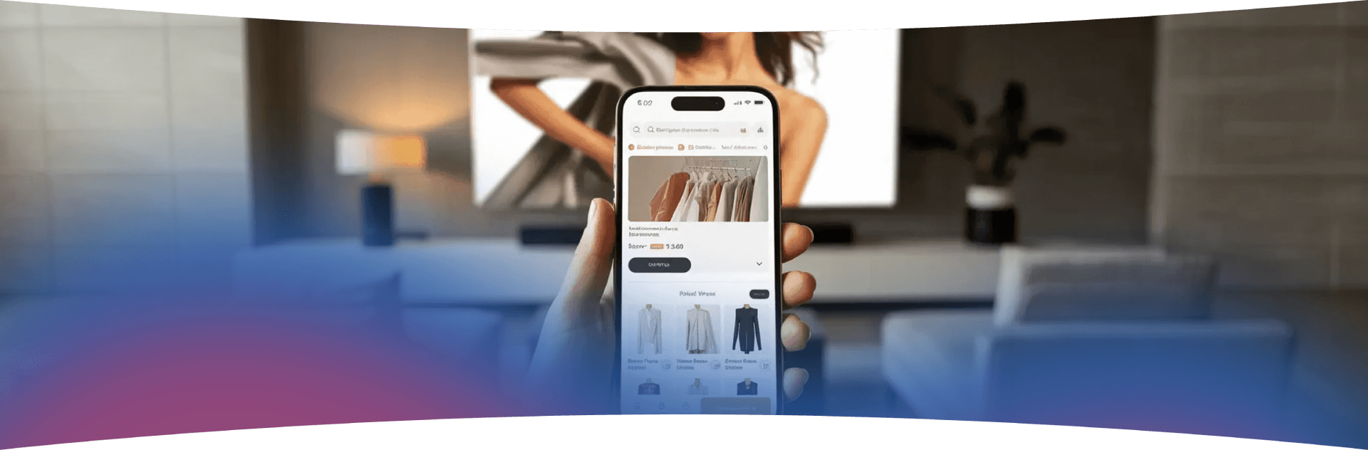 A shopper browsing a fashion store on a phone in front of a TV