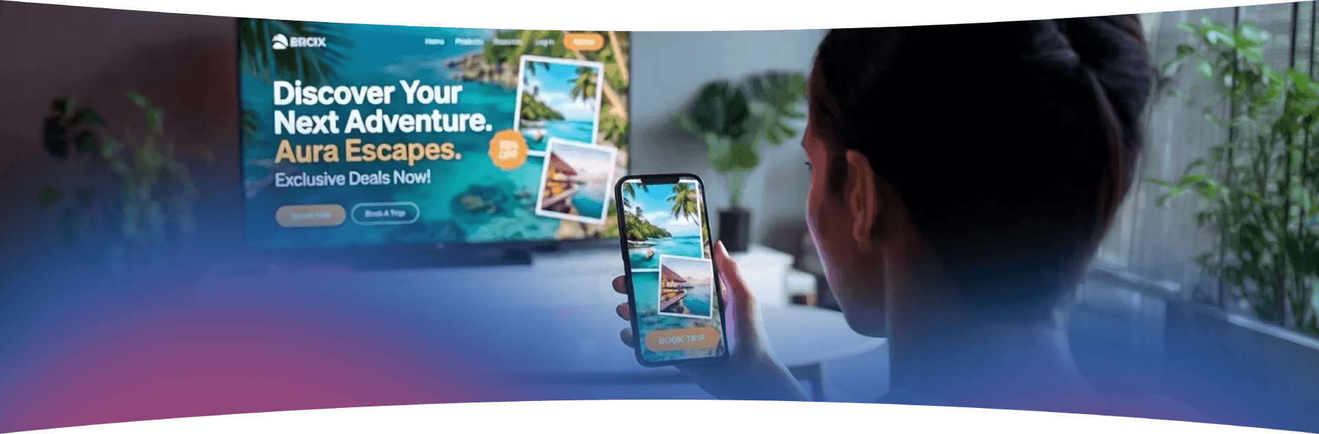 A viewer opening a travel offer on a phone while a TV ad plays